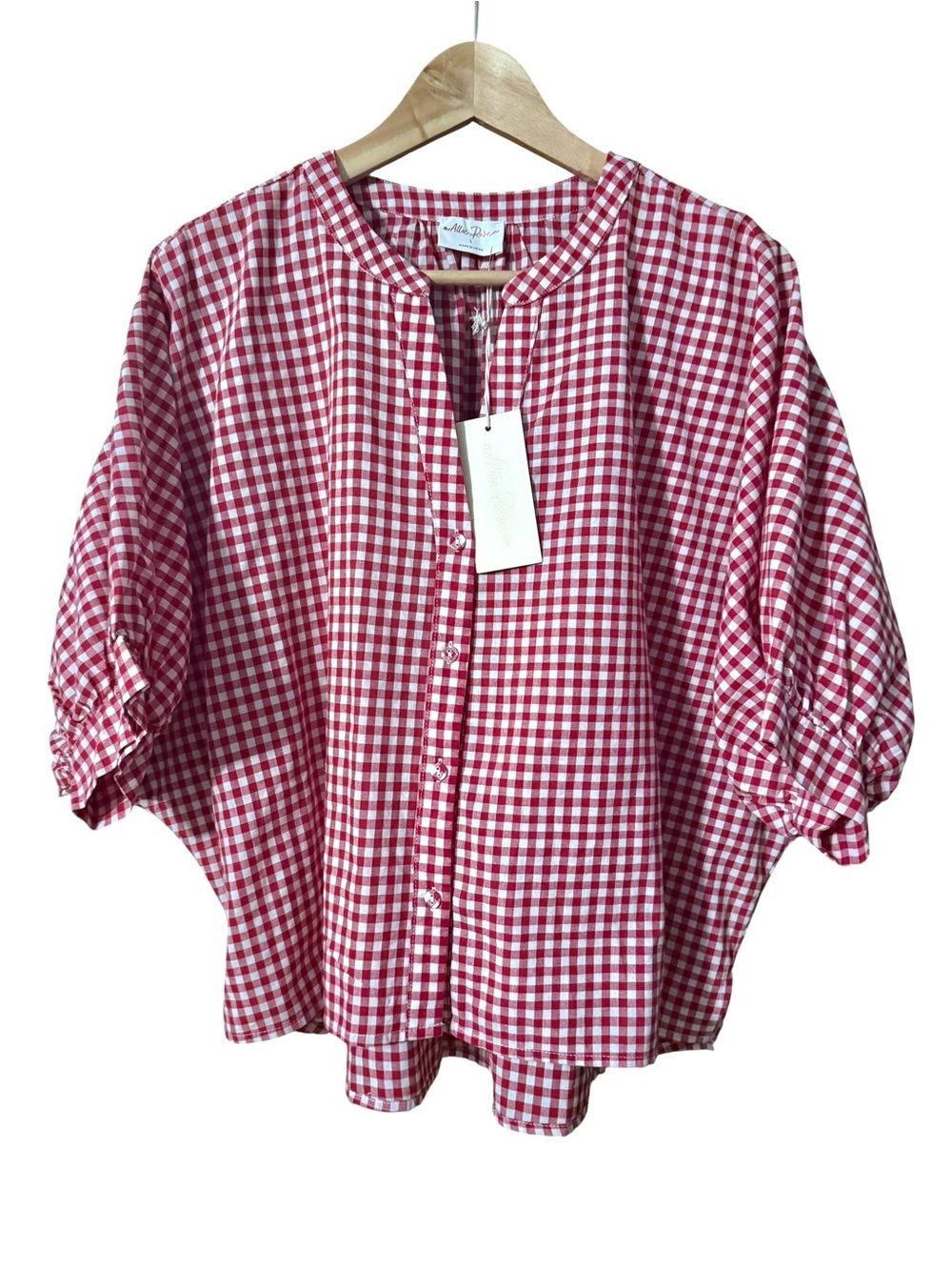 Red Gingham Button-Front Dolman Sleeve Blouse Cottagecore Summer NWT